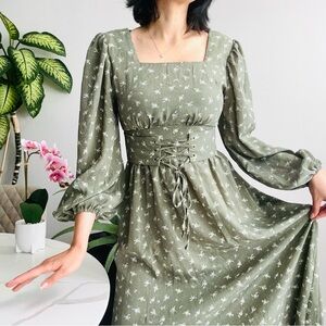 Corset Maxi Floral Dress with Long Sleeves and Square Neckline